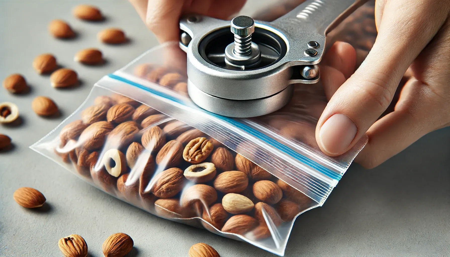Close-up of nuts being sealed in an airtight bag